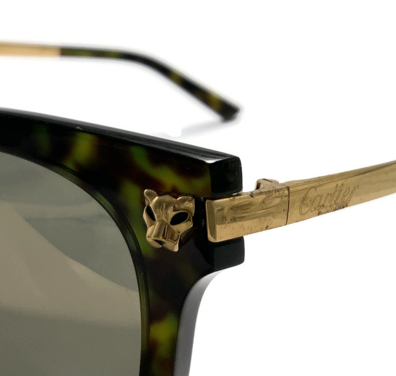 CARTIER Tortoiseshell Frame Sunglasses w Panther Emblem Gold