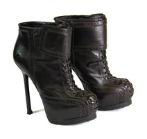 Yves Saint Laurent Nappa Tribtoo 105 Lace Up Booties Brown Leather Size 8.5 YSL