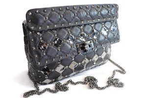 VALENTINO - Rockstud Black Leather Studded Crossbody Bag w/Chain Strap