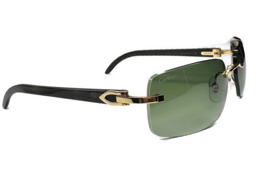 CARTIER Black Buffalo Horn Rimless Sunglasses with Green Tint