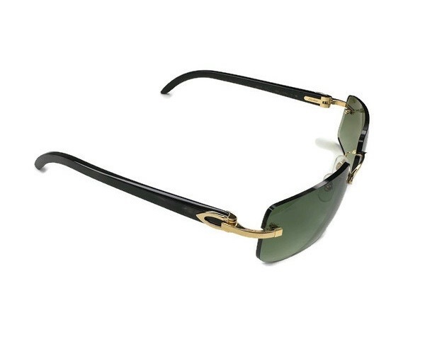 CARTIER Black Buffalo Horn Rimless Sunglasses with Green Tint