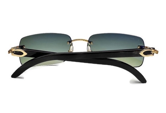 CARTIER Black Buffalo Horn Rimless Sunglasses with Green Tint