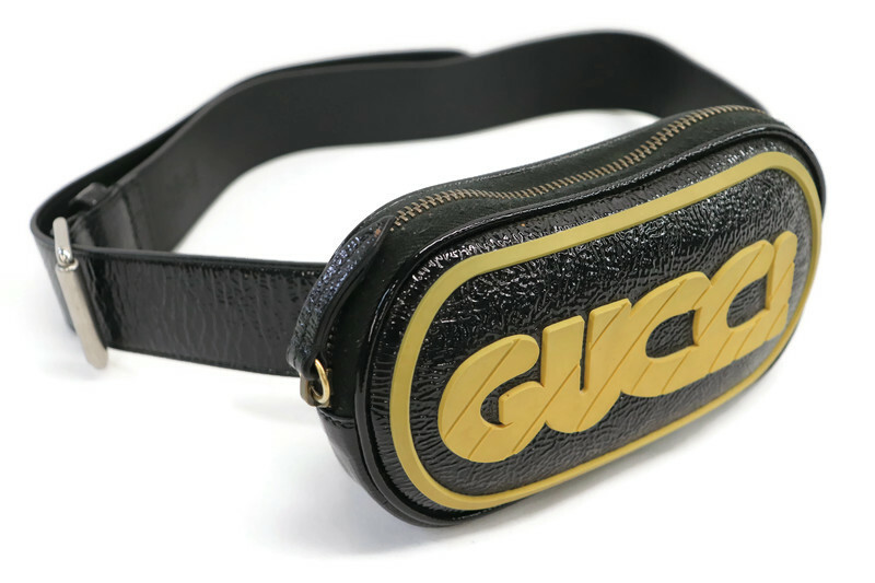 GUCCI Black Patent Leather w/Yellow Bag Loan & Fanny American / | Rubber Jewelry Belt Logo