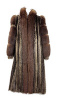Full Length Full Pelt Beaver Fur Coat with Red Fox Trimmed Collar and Sleeves 