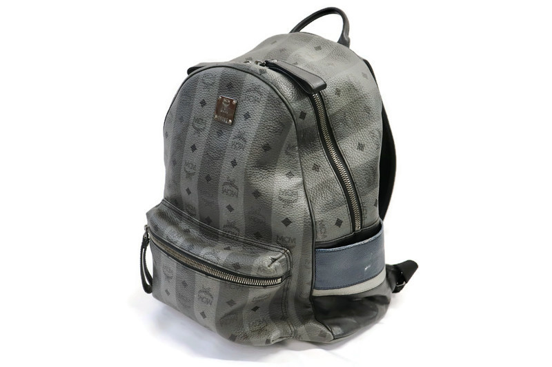 MCM Munchen Backpack Gray Visetos Striped Canvas Leather 