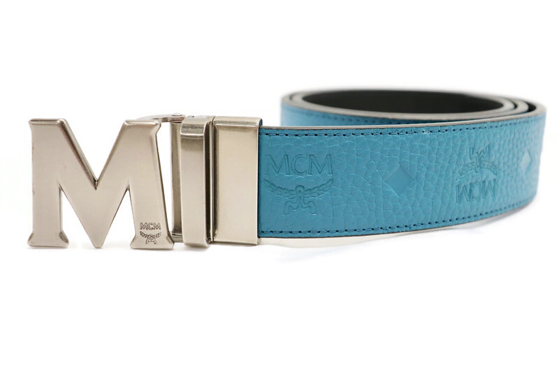 MCM Claus M Logo Blue Black Leather Reversible Belt 30 Inch American Jewelry Loan