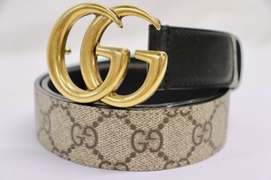 GUCCI GG Monogram Belt Womens 80/32 Beige Canvas Gold Buckle