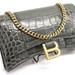 BALENCIAGA Hourglass Chain Wallet Croc Embossed Gray Leather w/ Dust Bag & Tags 