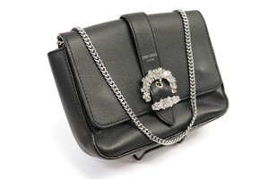 JIMMY CHOO Chérie Small Leather Crossbody Bag Black Rhinestone Buckle