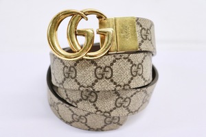 GUCCI GG Monogram Belt Womens 85/34 Beige Canvas Gold Buckle