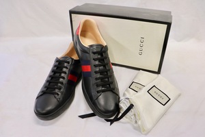 GUCCI Ace Bee Sneakers Black Leather Web Stripe Mens 15.5 w/ Box Dust Bags