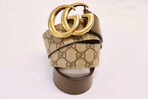 GUCCI Marmont Monogram Canvas Leather Belt Double G Buckle Size 32